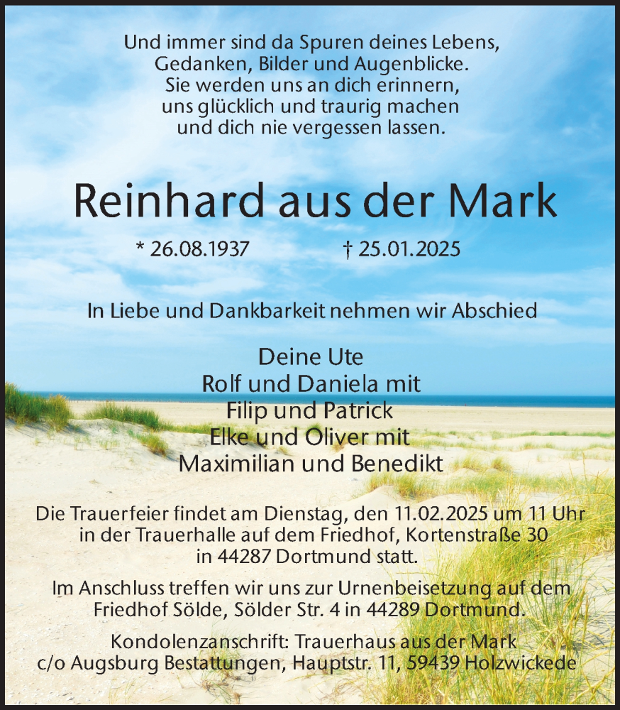  Traueranzeige für Reinhard aus der Mark vom 01.02.2025 aus Ruhr Nachrichten