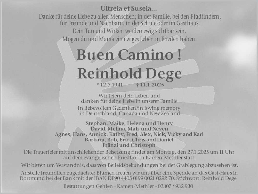  Traueranzeige für Reinhold Dege vom 23.01.2025 aus Hellweger Anzeiger