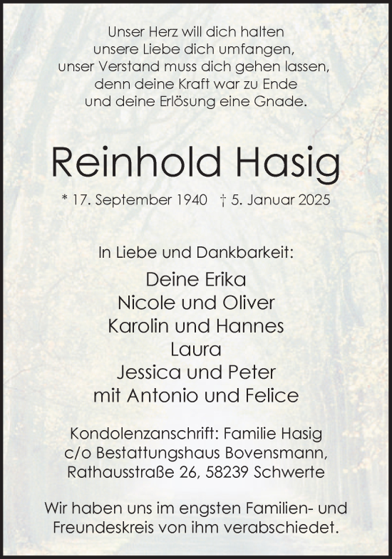 Traueranzeige von Reinhold Hasig von Ruhr Nachrichten