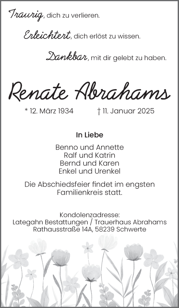  Traueranzeige für Renate Abrahams vom 18.01.2025 aus Ruhr Nachrichten