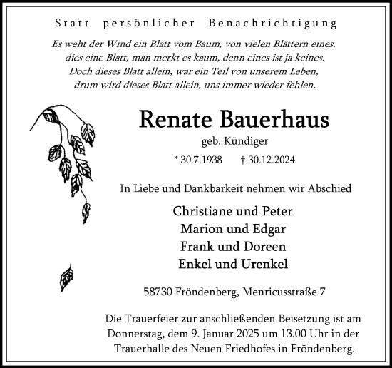 Traueranzeige von Renate Bauerhaus von Hellweger Anzeiger