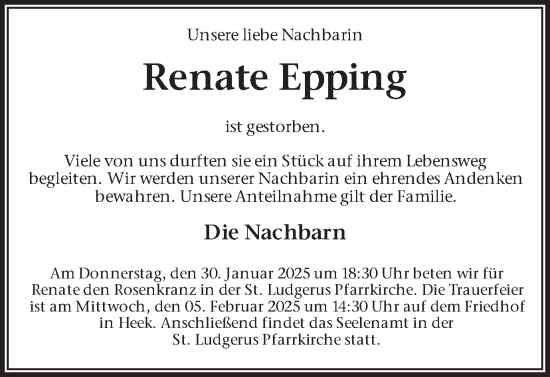 Traueranzeige von Renate Epping von Münsterland Zeitung