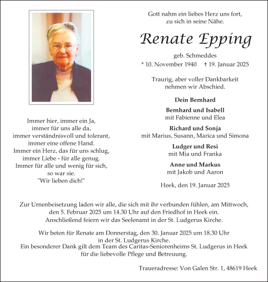 Traueranzeige von Renate Epping von Münsterland Zeitung