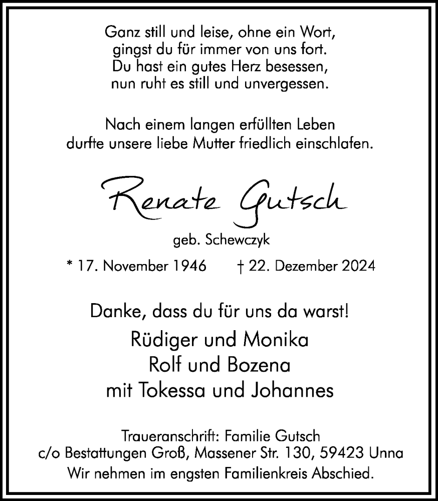  Traueranzeige für Renate Gutsch vom 04.01.2025 aus Hellweger Anzeiger