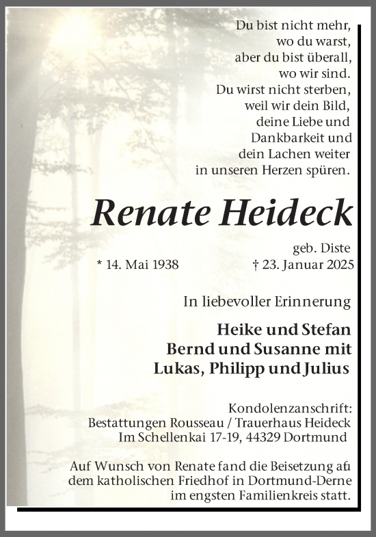 Traueranzeige von Renate Heideck von Ruhr Nachrichten