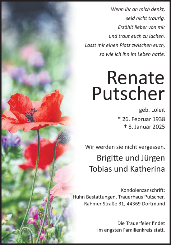 Traueranzeige von Renate Putscher von Ruhr Nachrichten