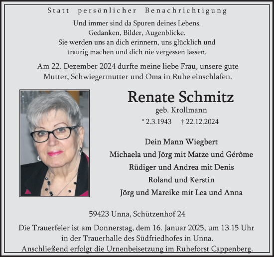 Traueranzeige von Renate Schmitz von Hellweger Anzeiger