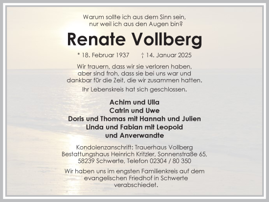 Traueranzeige von Renate Vollberg von Ruhr Nachrichten