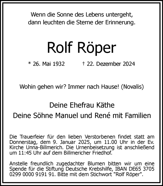 Traueranzeige von Rolf Röper von Hellweger Anzeiger