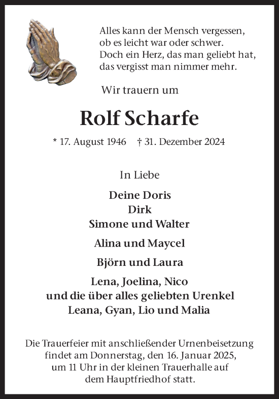 Traueranzeige von Rolf Scharfe von Ruhr Nachrichten