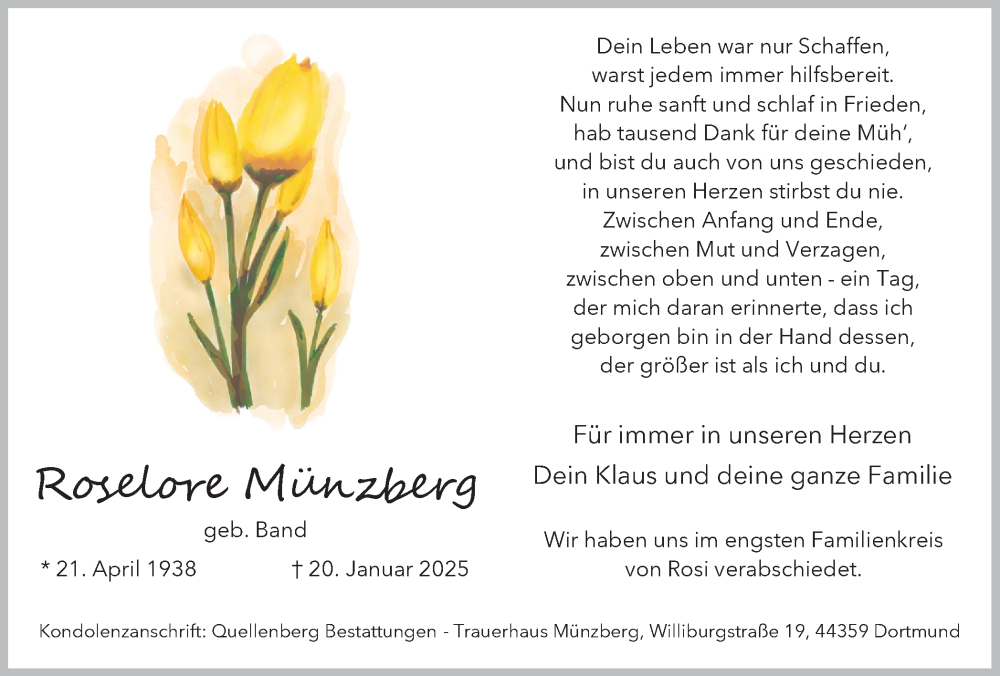  Traueranzeige für Roselore Münzberg vom 01.02.2025 aus Lüner Anzeiger