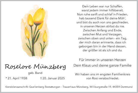 Traueranzeige von Roselore Münzberg von Lüner Anzeiger