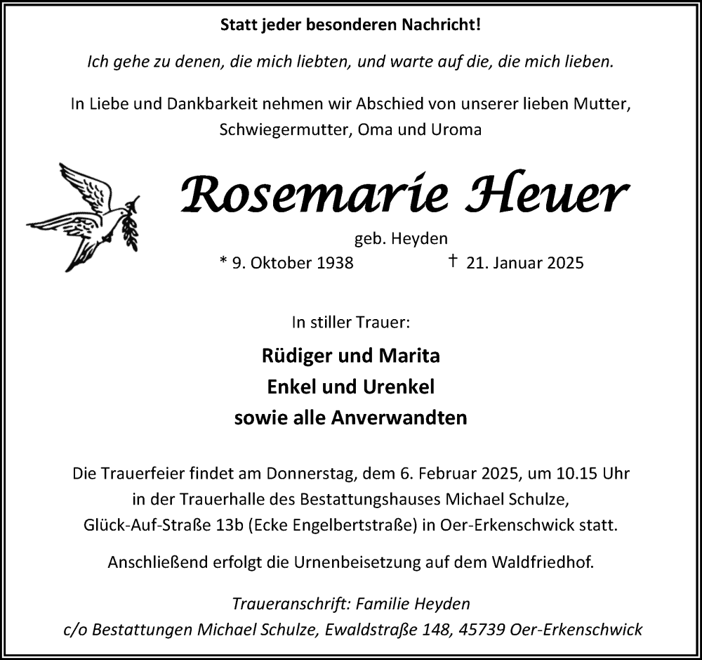  Traueranzeige für Rosemarie Heuer vom 01.02.2025 aus Trauer Vest