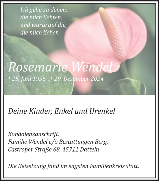 Traueranzeige von Rosemarie Wendel von Trauer Vest