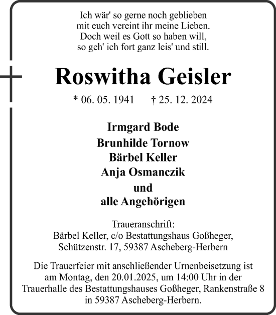 Traueranzeige von Roswitha Geisler von Ruhr Nachrichten