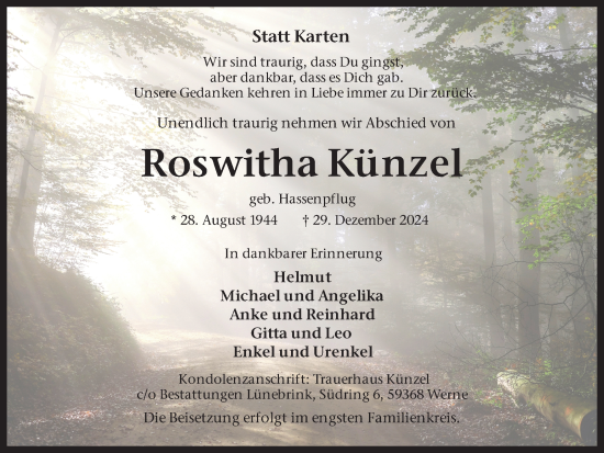 Traueranzeige von Roswitha Künzel von Hellweger Anzeiger