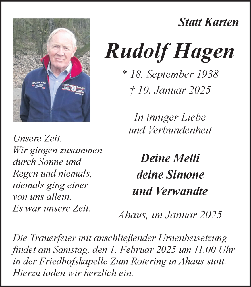 Traueranzeige für Rudolf Hagen vom 25.01.2025 aus Münsterland Zeitung