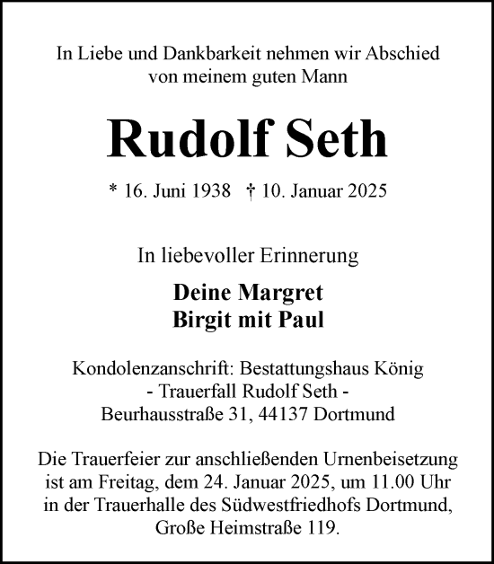 Traueranzeige von Rudolf Seth von Ruhr Nachrichten