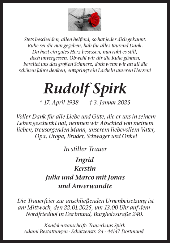 Traueranzeige von Rudolf Spirk von Ruhr Nachrichten