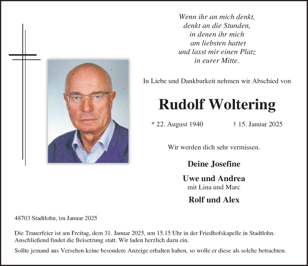  Traueranzeige für Rudolf Woltering vom 25.01.2025 aus Münsterland Zeitung