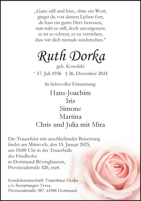 Traueranzeige von Ruth Dorka von Ruhr Nachrichten