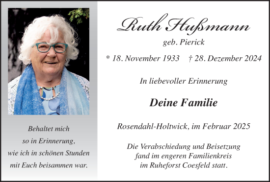 Traueranzeige von Ruth Hußmann von Münsterland Zeitung