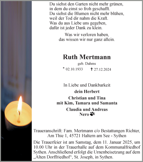 Traueranzeige von Ruth Mertmann von Ruhr Nachrichten und Halterner Zeitung