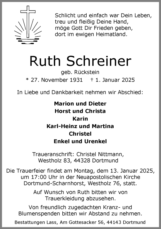 Traueranzeige von Ruth Schreiner von Ruhr Nachrichten