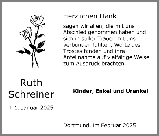 Traueranzeige von Ruth Schreiner von Ruhr Nachrichten