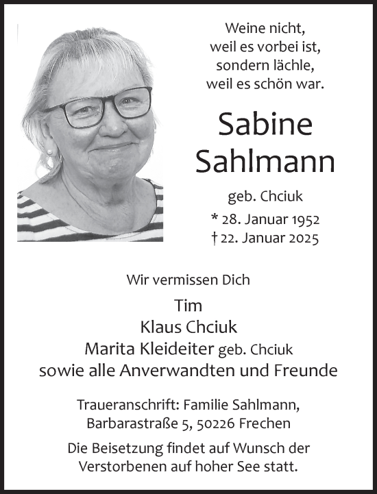 Traueranzeige von Sabine Sahlmann 