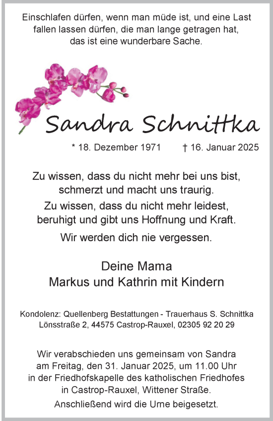 Traueranzeige von Sandra Schnittka von Stadtanzeiger Castrop-Rauxel
