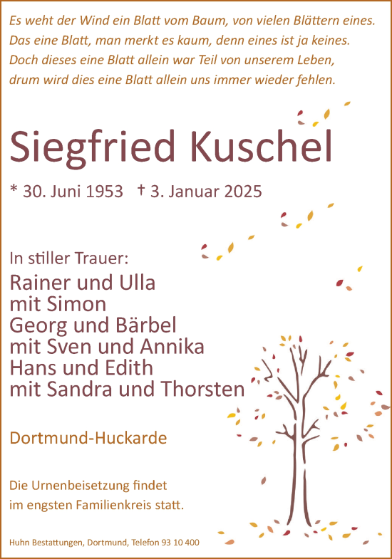 Traueranzeige von Siegfried KuscheL von Ruhr Nachrichten