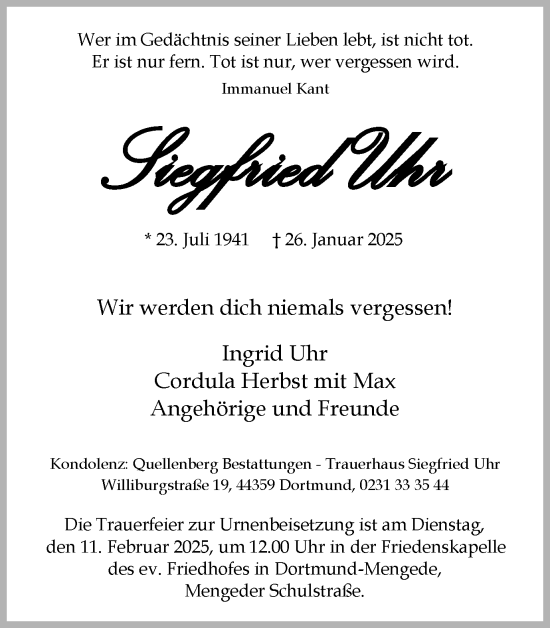 Traueranzeige von Siegfried Uhr von Ruhr Nachrichten