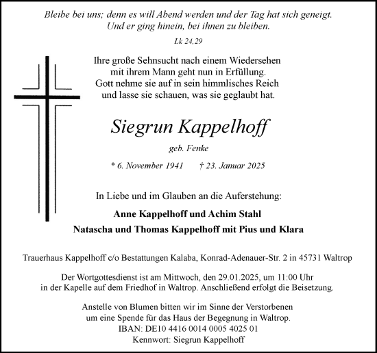 Traueranzeige von Siegrun Kappelhoff von Trauer Vest