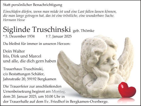 Traueranzeige von Siglinde Truschinski von Hellweger Anzeiger