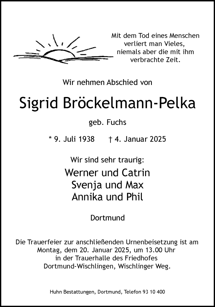  Traueranzeige für Sigrid Bröckelmann-Pelka vom 11.01.2025 aus Ruhr Nachrichten