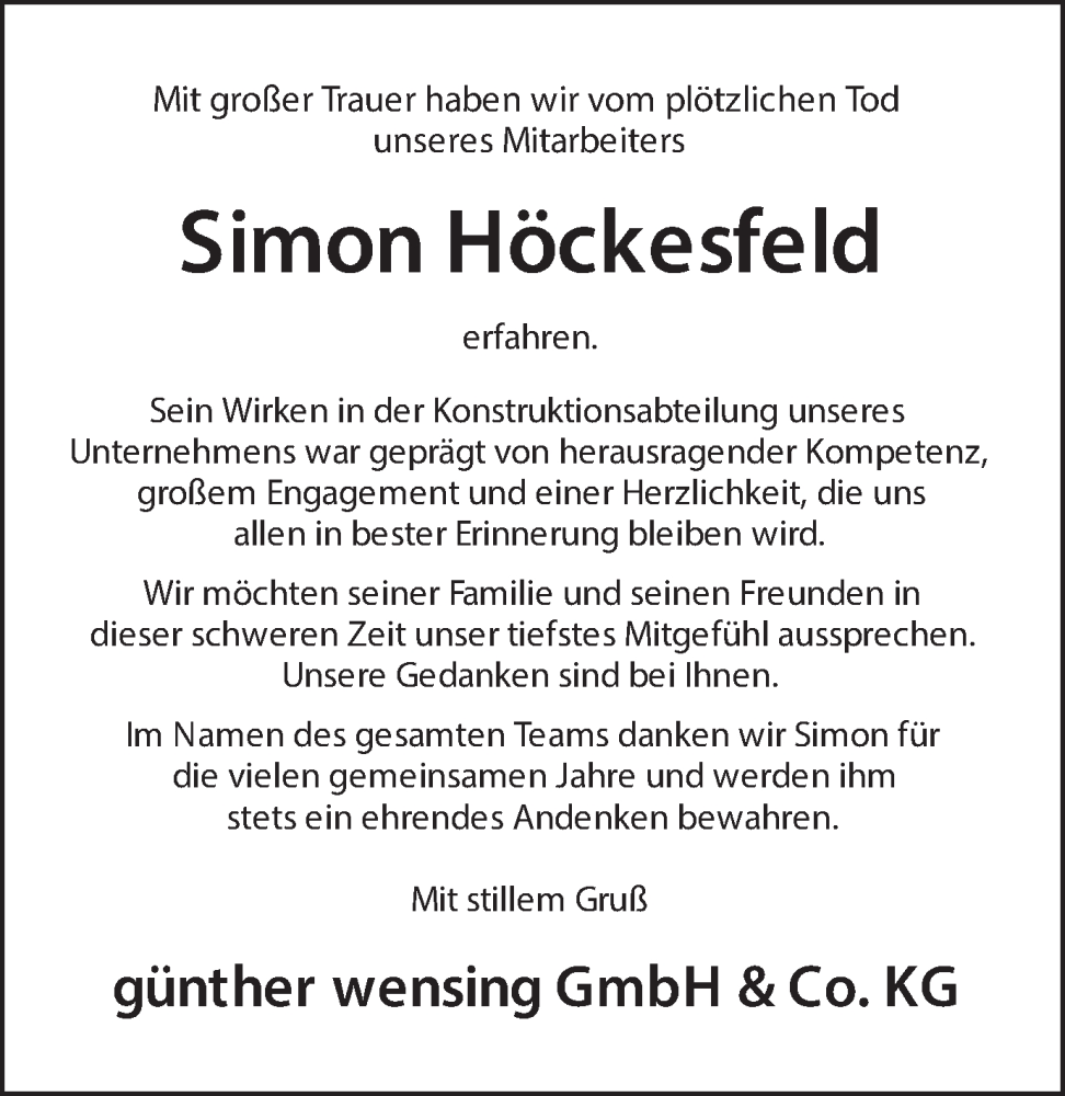  Traueranzeige für Simon Höckesfeld vom 14.01.2025 aus Münsterland Zeitung