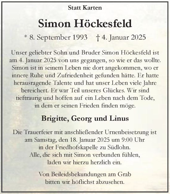 Traueranzeige von Simon Höckesfeld von Münsterland Zeitung