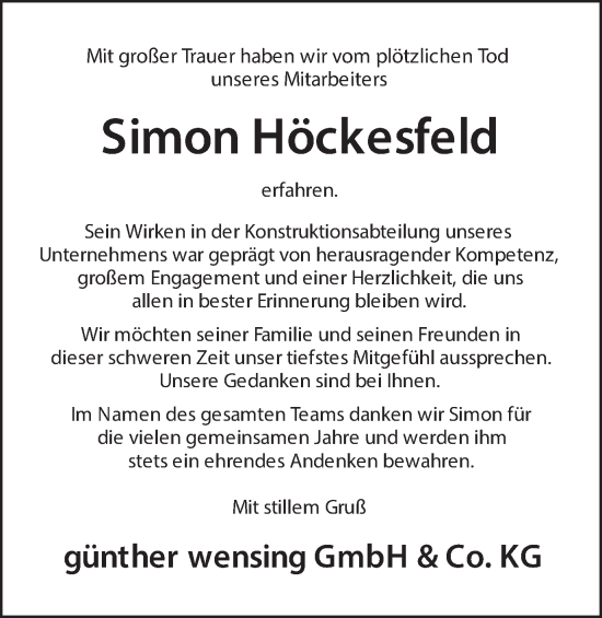 Traueranzeige von Simon Höckesfeld von Münsterland Zeitung