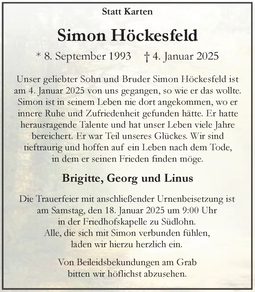  Traueranzeige für Simon Höckesfeld vom 09.01.2025 aus Münsterland Zeitung