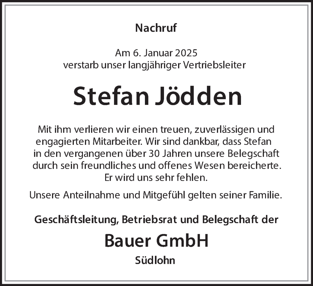  Traueranzeige für Stefan Jödden vom 21.01.2025 aus Münsterland Zeitung