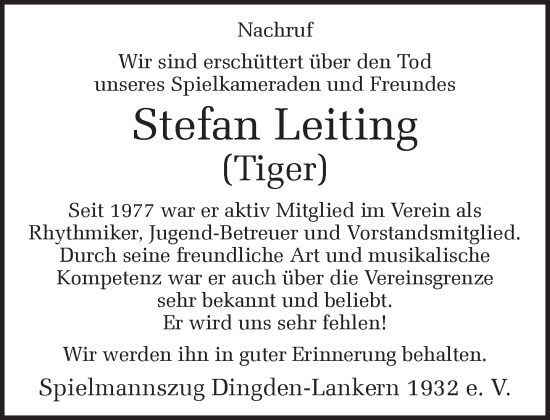 Traueranzeige von Stefan Leiting 