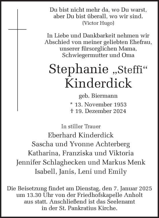 Traueranzeige von Stephanie Kinderdick 