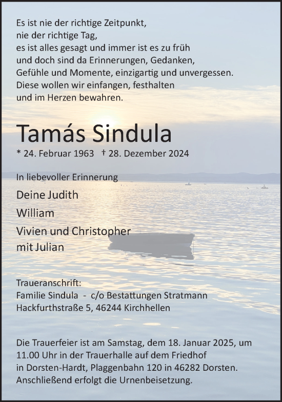 Traueranzeige von Tamás Sindula von Ruhr Nachrichten und Dorstener Zeitung