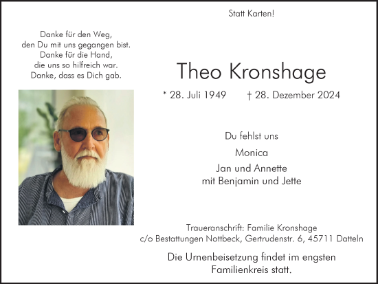 Traueranzeige von Theo Kronshage von Trauer Vest