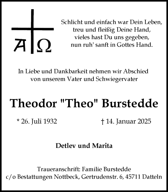 Traueranzeige von Theodor  Burstedde von Trauer Vest