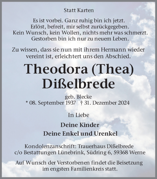 Traueranzeige von Theodora Dißelbrede von Ruhr Nachrichten