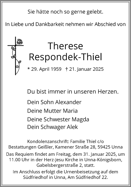 Traueranzeige von Therese Respondek-Thiel von Hellweger Anzeiger