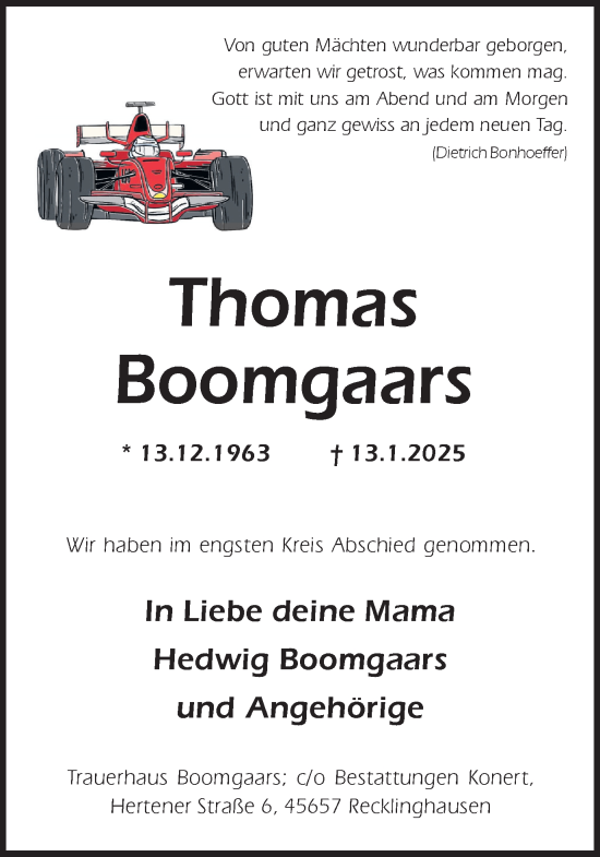 Traueranzeige von Thomas Boomgaars von Trauer Vest