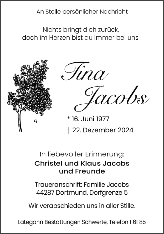 Traueranzeige von Tina Jacobs von Ruhr Nachrichten